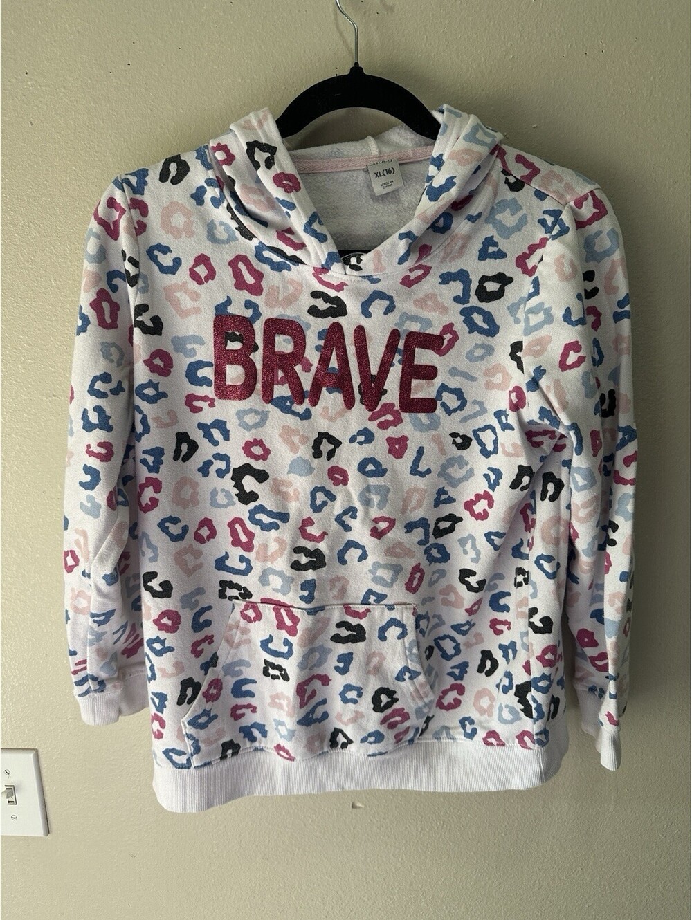 BCG Girls XL 16 Leopard Print BRAVE Hoodie Sweatshirt White Pink Blue Glitter